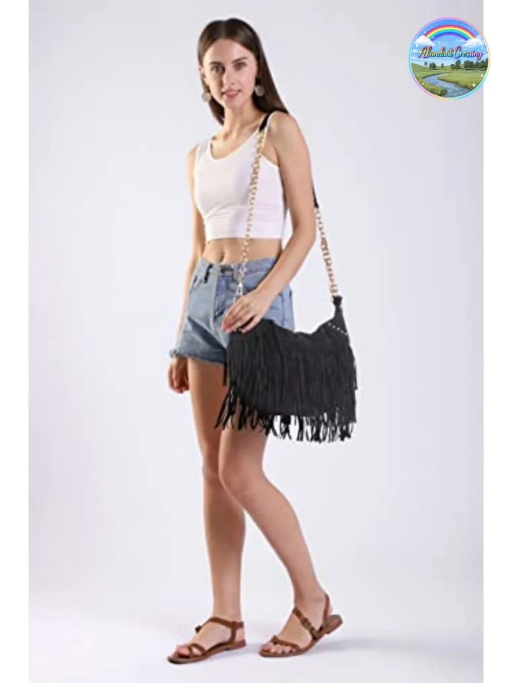 Faux Suede Leather Hobo Bag with Chain Strap and Tassels